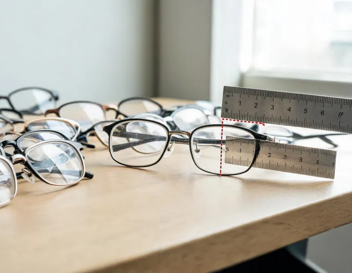 Optical buyer reviewing custom reading glasses size chart beside sample frames