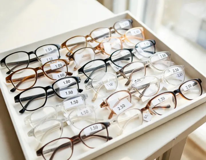 Wholesale reading glasses assortment on a tray with size tags