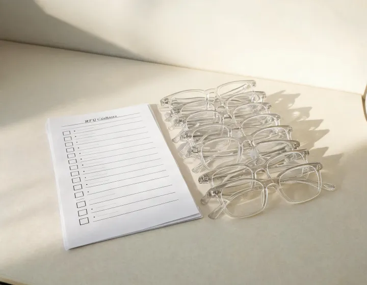 Bulk reading glasses RFQ checklist beside sample pairs